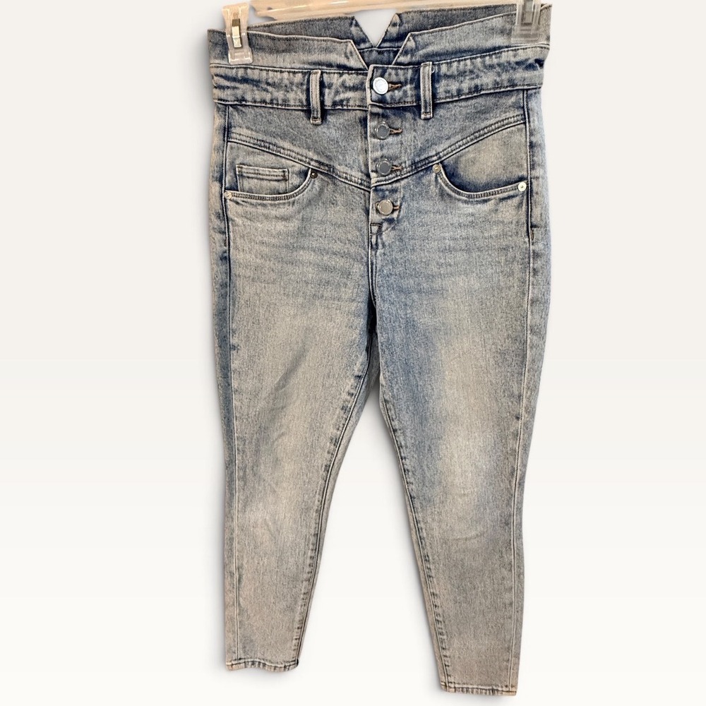 BlankNYC High Rise V-Notch Waist Button Fly Skinny Jeans Light Wash 28 89ND2354